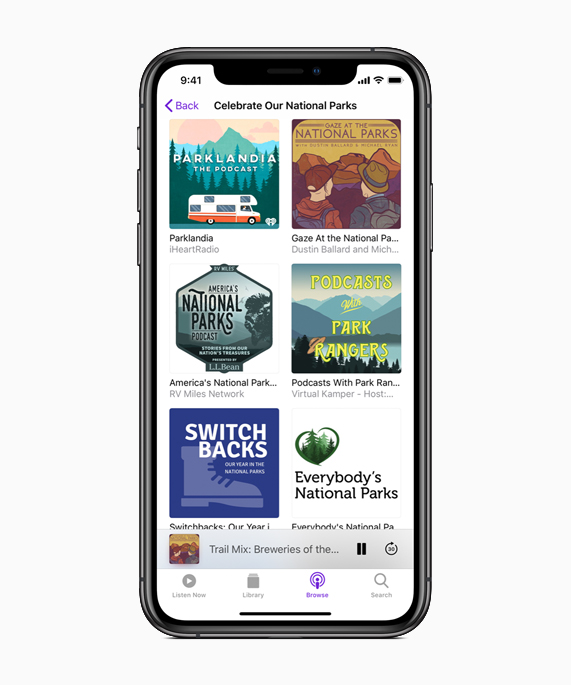 iPhone showing National Parks content on Apple Podcasts.