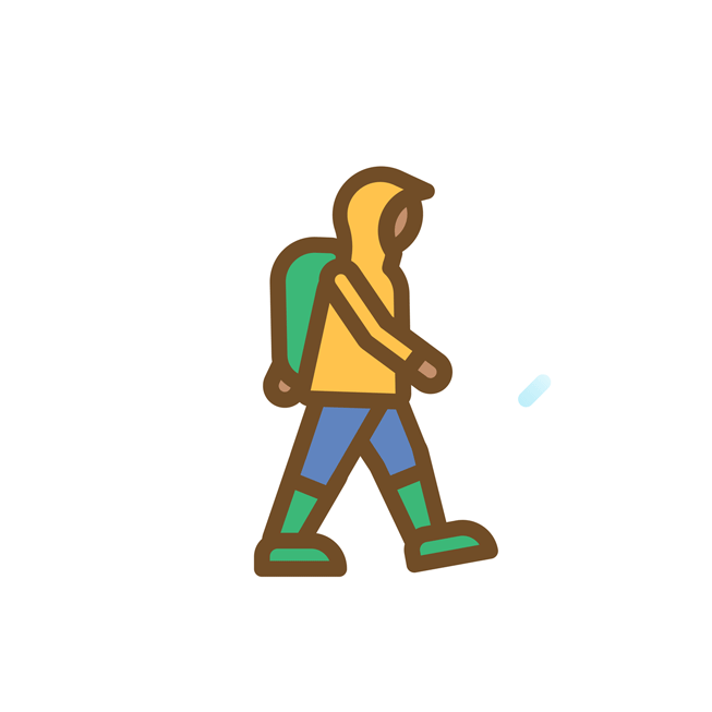 An Activity Challenge animated sticker of a hiker in the rain.
