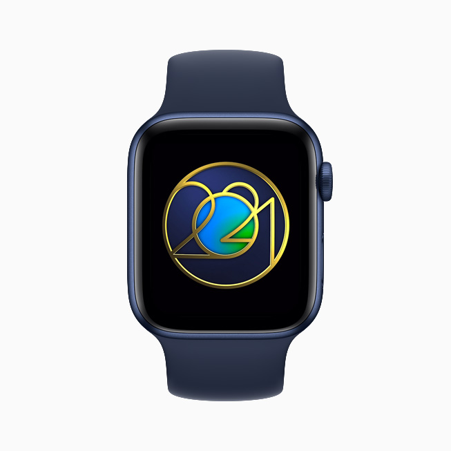 La récompense du Jour de la Terre affichée sur l’écran de l’Apple Watch Series 6. 