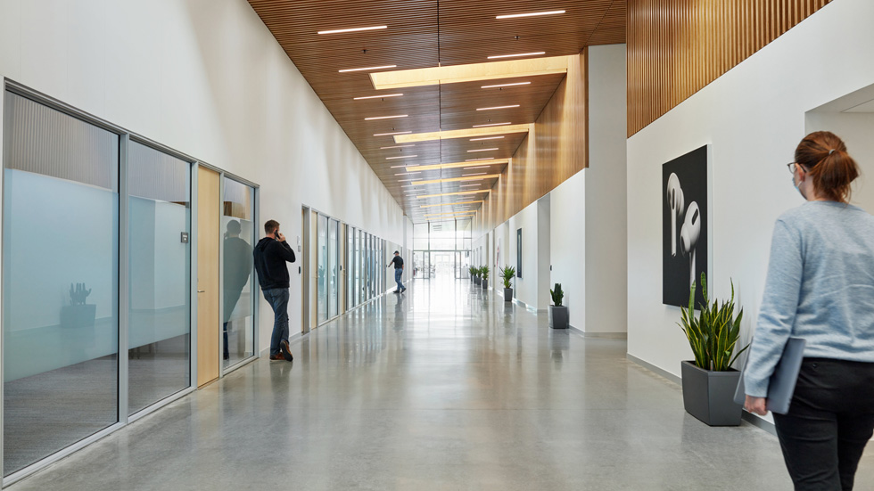 Airy interior hallway at the Viborg data centre.