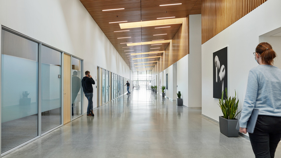 Airy interior hallway at the Viborg data center.