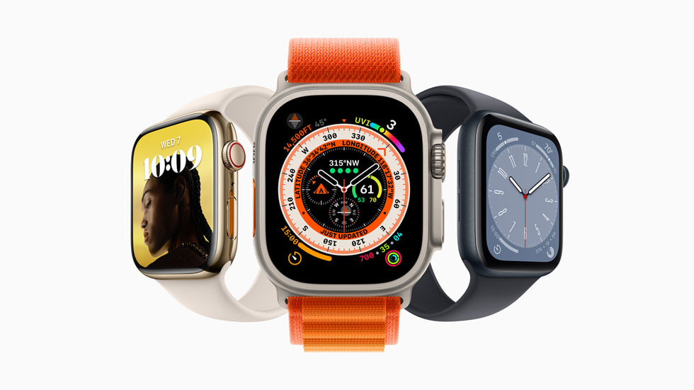 Se muestran Apple Watch Series 8, Apple Watch Ultra y Apple Watch SE.