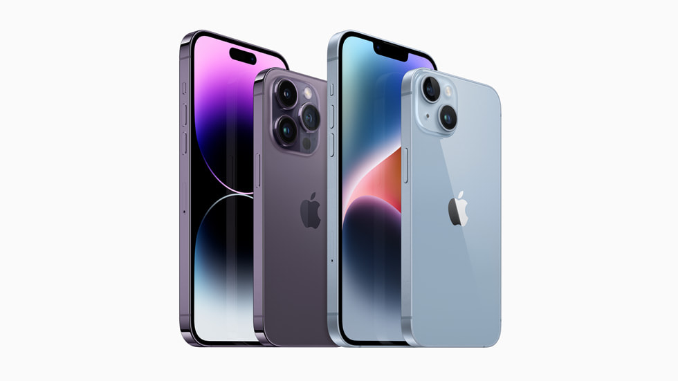 La gamme iPhone 14, avec l’iPhone 14 Pro Max, l’iPhone 14 Pro, l’iPhone 14 Plus et l’iPhone 14.