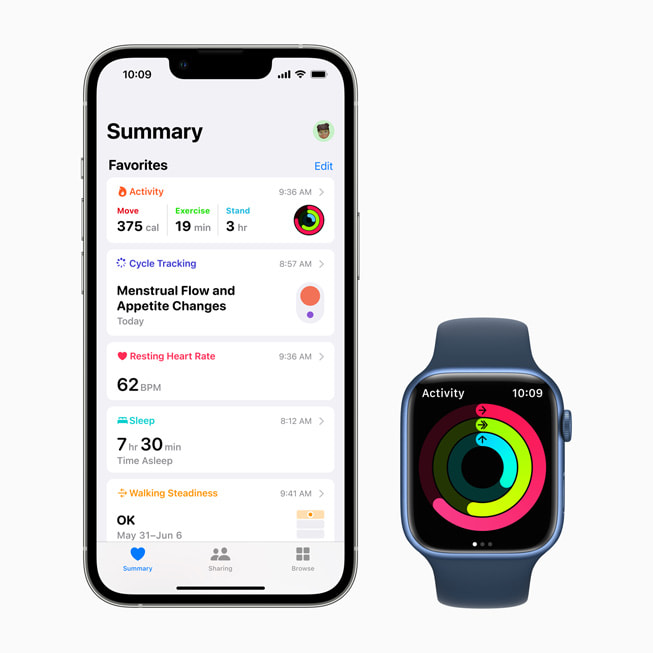iPhone and Apple Watch show a user’s activity data.