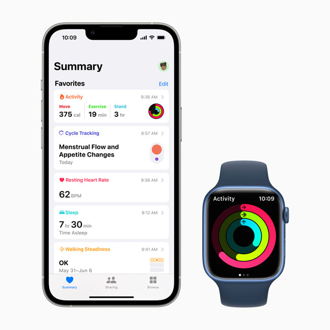 iPhone og Apple Watch som viser en brukers aktivitetsdata.