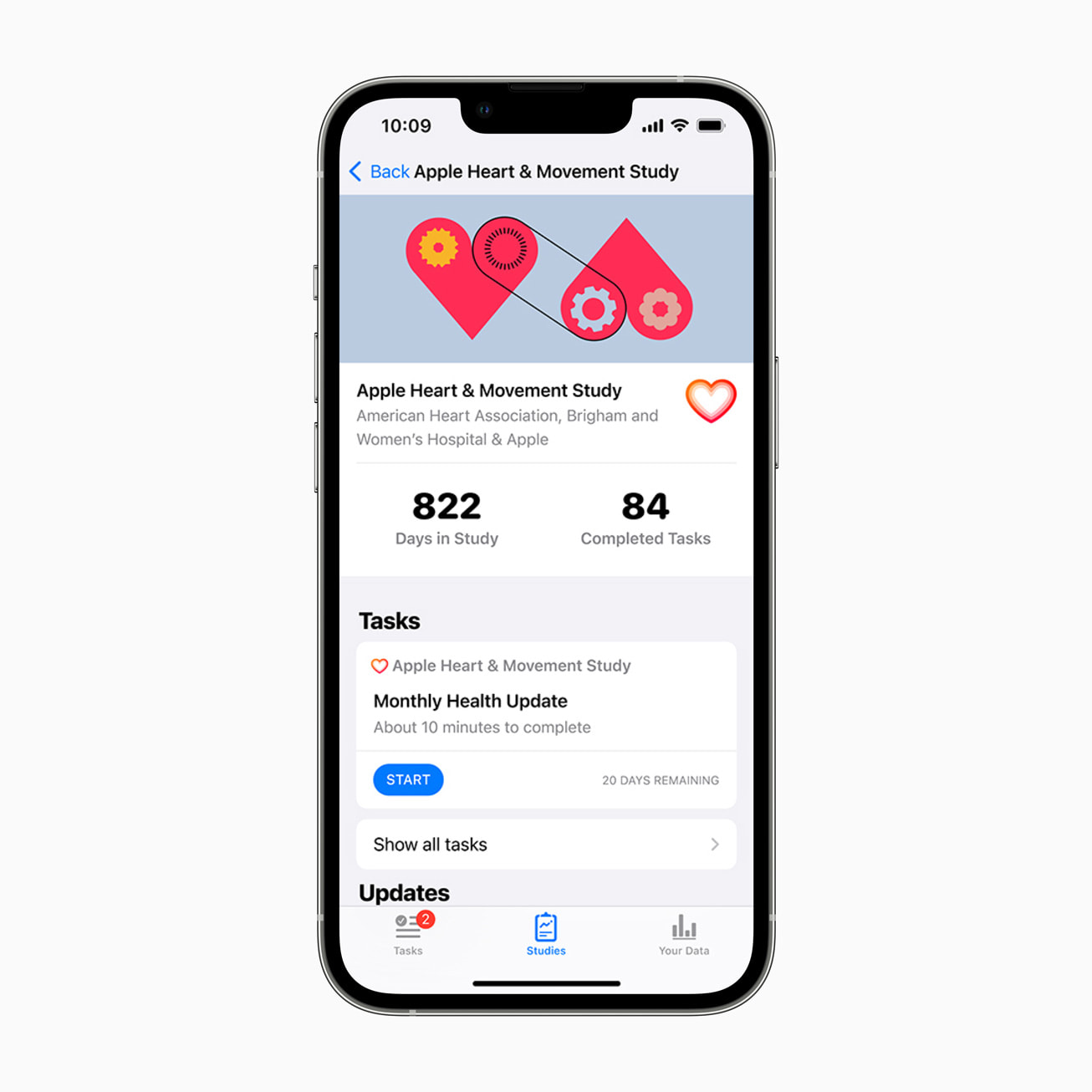 심장 및 운동 능력 연구의 사용자 화면을 보여주는 iPhone.