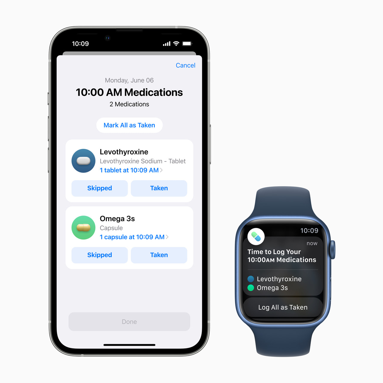 새로운 약 복용 정보 기능을 보여주는 iPhone과 Apple Watch.