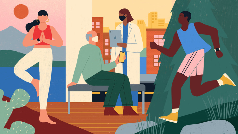 插圖顯示一名女子正在户外做瑜伽；一名病人正與醫生在診所內交談；以及一名男子正在公園中跑步。