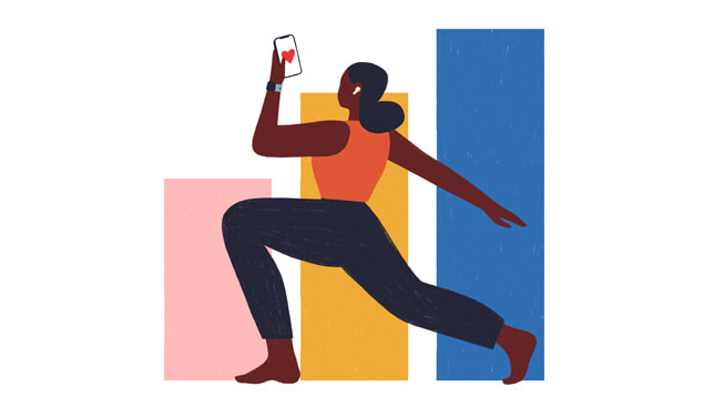 A woman holding iPhone does a lunge in this illustration.