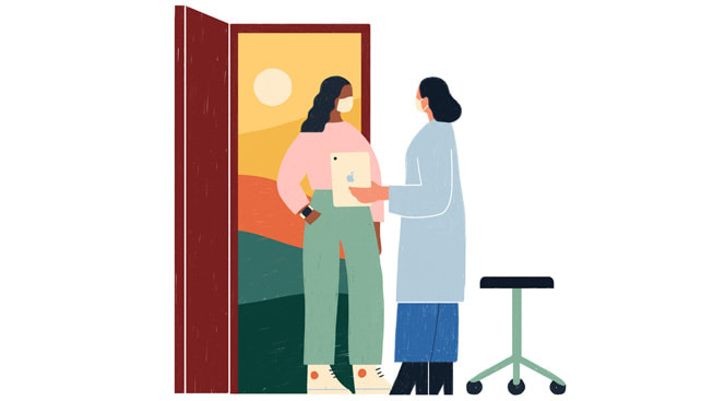 Illustratie van een arts met een iPad in de hand die met een patiënt praat.