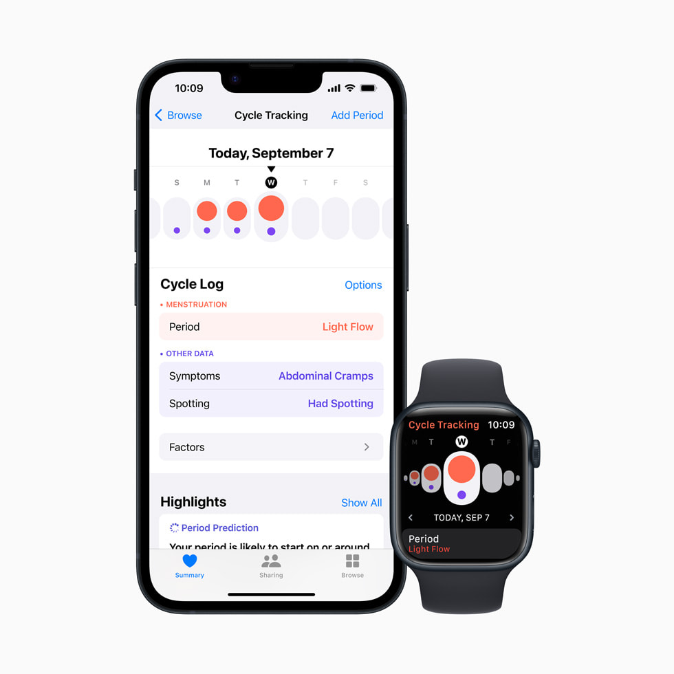 Registro di Monitoraggio ciclo mostrato su iPhone e Apple Watch. 