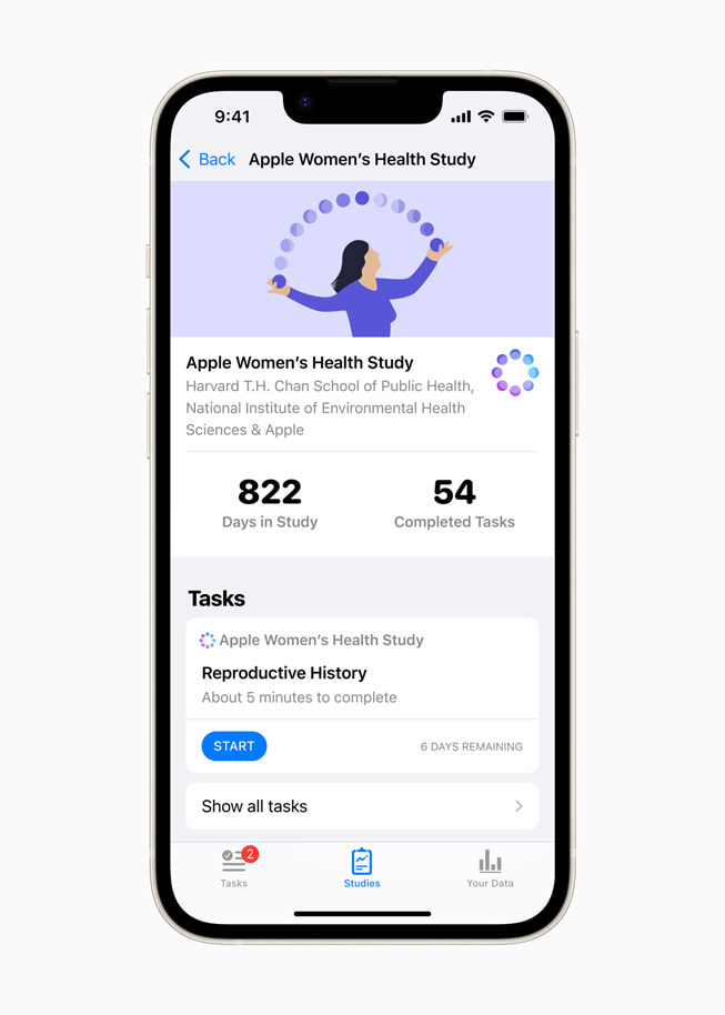 Badanie Apple Women’s Health Study pokazane na iPhonie. 