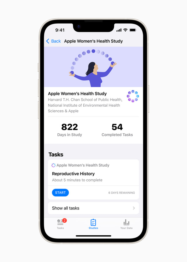 iPhoneに表示されているApple Women's Health Study。 