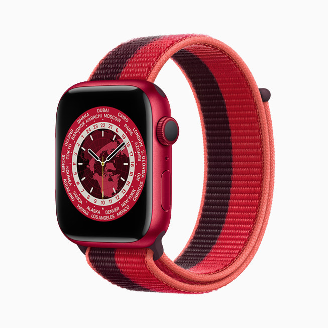 The new Apple Watch Series 7 PRODUCT(RED) — shown with the Sport Loop Band — has an aluminum case and is made from 100 percent recycled aerospace-grade alloy.