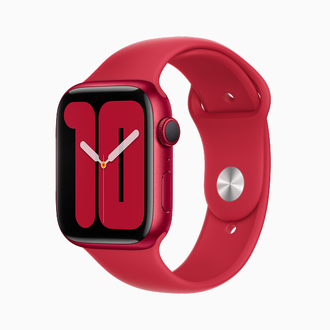 The new Apple Watch Series 7 PRODUCT(RED) — shown with the Sport Band — has an aluminum case and is made from 100 percent recycled aerospace-grade alloy.