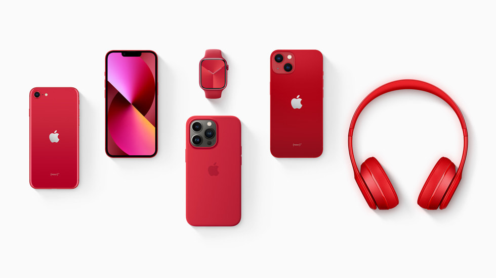 Apples nye (PRODUCT)RED-enheter og -tilbehør inkluderer iPhone 13 (PRODUCT)RED, iPhone 13 mini (PRODUCT)RED og Apple Watch Series 7 (PRODUCT)RED.