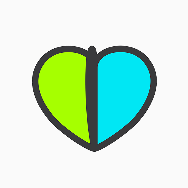 An animated heart sticker flashes in green, blue and red.
