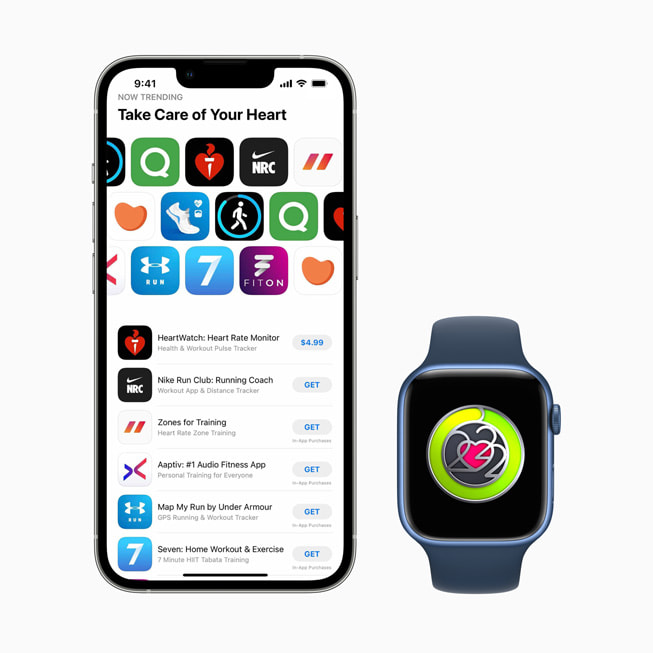 iPhone and Apple Watch screens show Apple’s Heart Month programming across services.