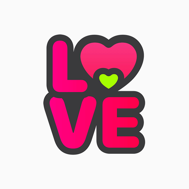 Animowana naklejka z napisem „LOVE” dostępna w ramach wyzwania w aplikacji Aktywność z okazji Miesiąca Serca.