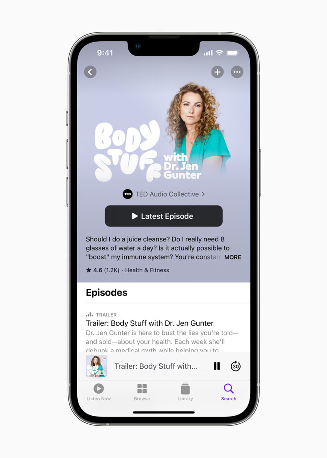 La page d’accueil du podcast « Body Stuff with Dr. Jen Gunter » sur l’écran de l’iPhone.