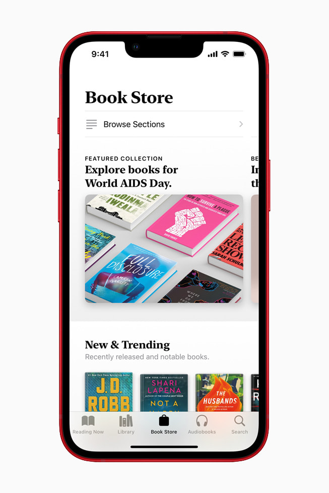 Apple Books op een iPhone waarin boeken zijn geselecteerd ter gelegenheid van Wereld Aids Dag.