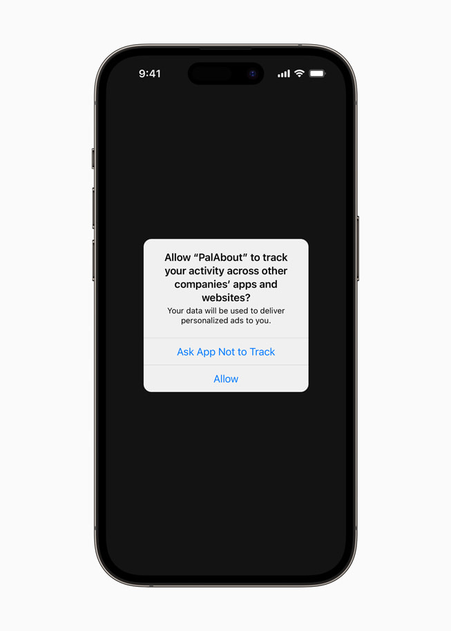 App Tracking Transparency prompt from an app on iPhone 14 Pro.