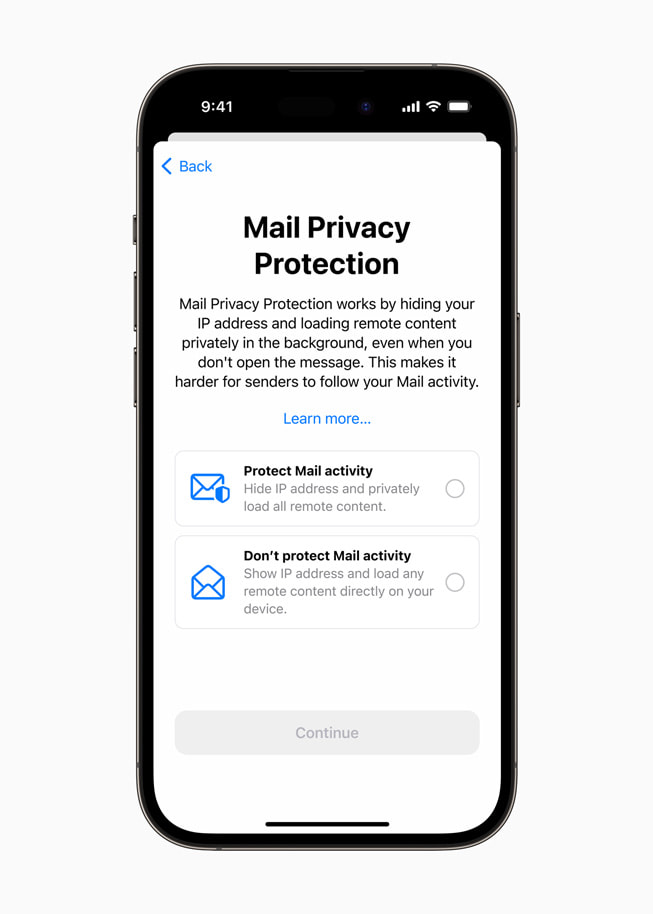 Écran d’iPhone 14 Pro affichant les réglages de protection de la confidentialité de Mail.