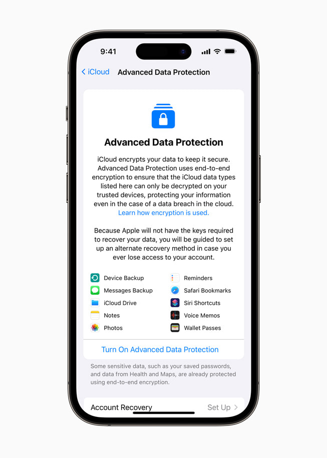 Avanceret databeskyttelse til iCloud vist på iPhone 14 Pro.