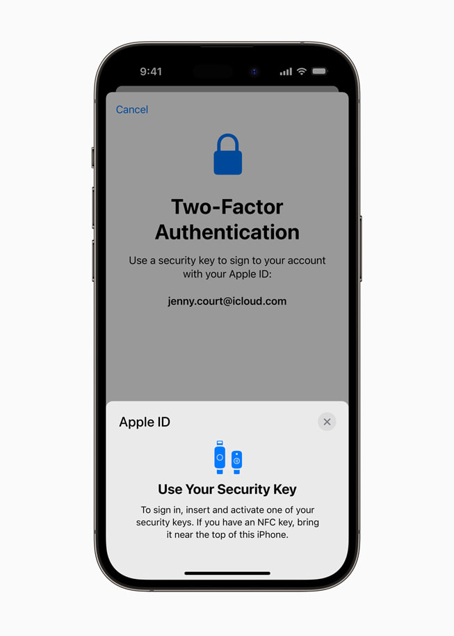Two-factor authentication using Security Keys for Apple ID on iPhone 14 Pro.