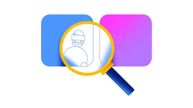 A magnifying glass reveals a thief behind an app tile, signifying fraudulent ratings and reviews.