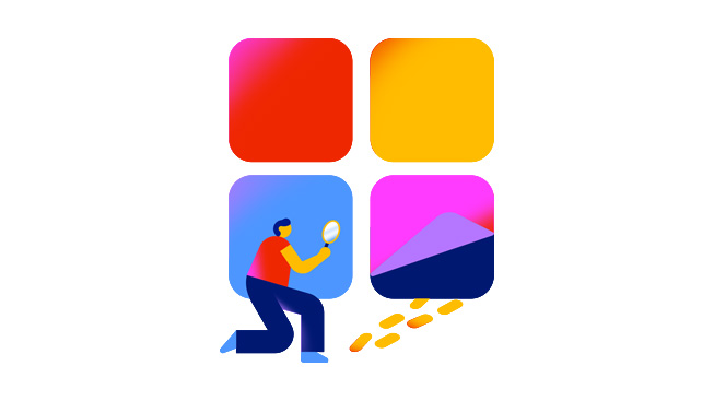 A figure with a magnifying glass inspects a trail of footprints, signifying Apple's proactive measures to root out fraud on the App Store.