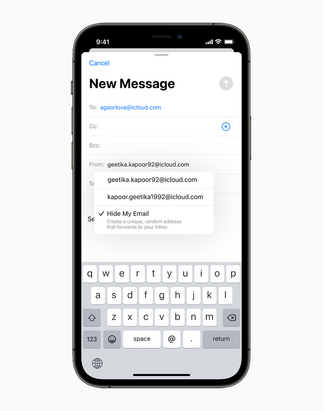 A new message is drafted in Mail using Hide My Email, displayed on iPhone 12 Pro.