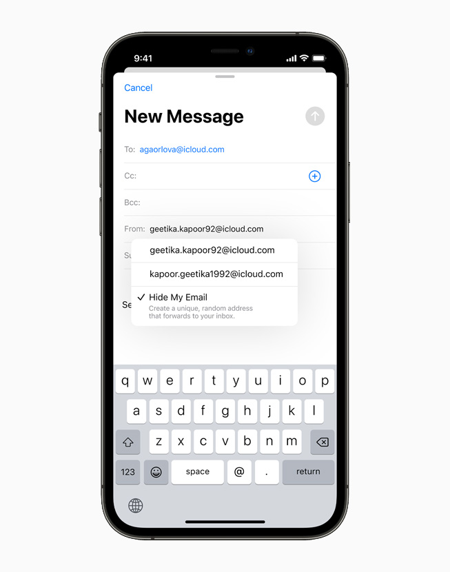 A new message is drafted in Mail using Hide My Email, displayed on iPhone 12 Pro.