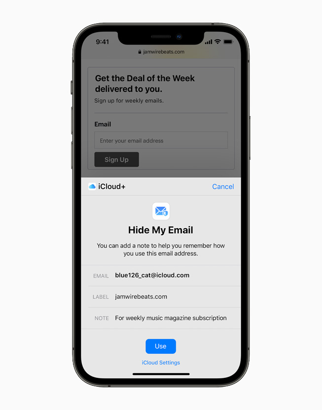 A screenshot of the iOS Hide My Email feature