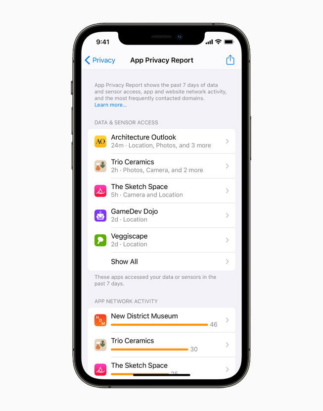 App Privacy Report, displayed on iPhone 12 Pro.