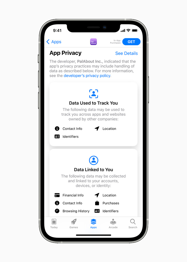 La etiqueta de privacidad en el App Store se muestra en un iPhone 12.