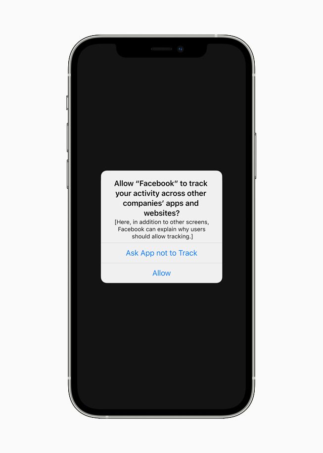 Notificación de la prestación App Tracking Transparency en un iPhone 12. 