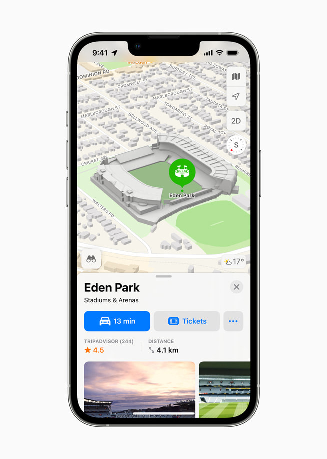 Detailed three-dimensional Maps view of Eden Park on iPhone 13 Pro.