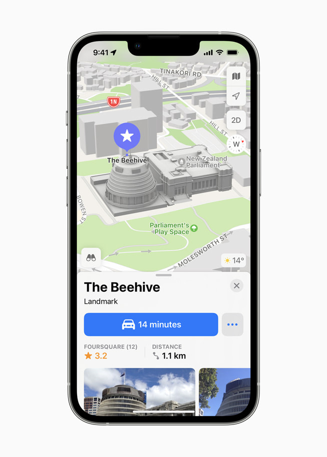 Detailed three-dimensional Maps view of the Beehive on iPhone 13 Pro.
