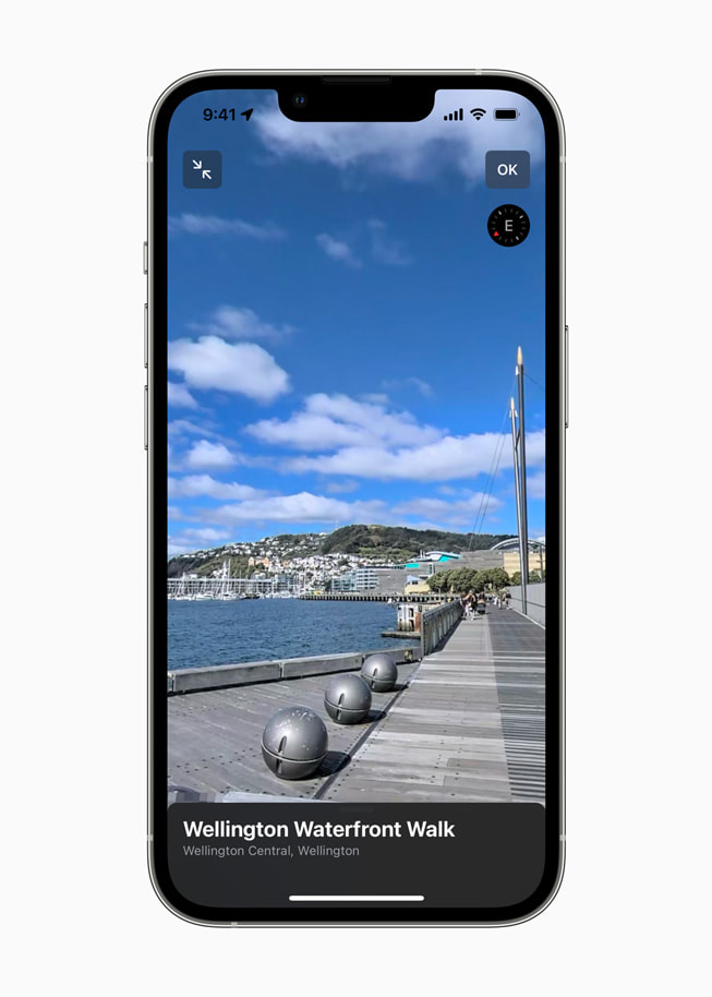 Maps using the Look Around feature of Wellington Waterfront Walk on iPhone 13 Pro.