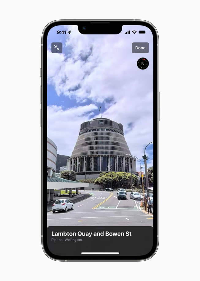 Maps using the Look Around feature of Lambton Quay and Bowen Street on iPhone 13 Pro.