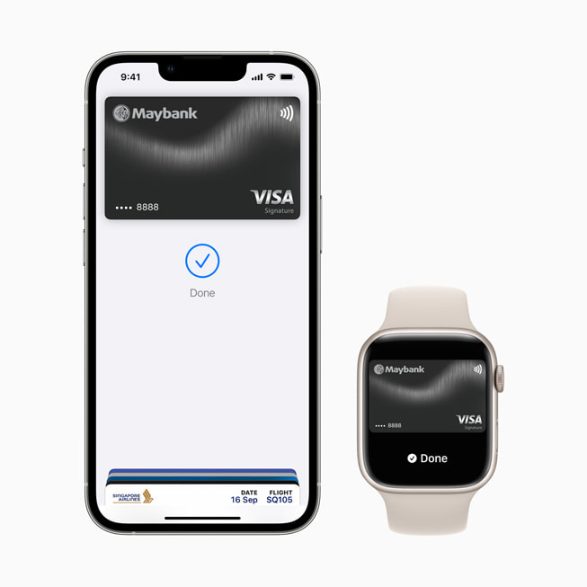 iPhone and Apple Watch screens show a user’s card in Apple Pay.
