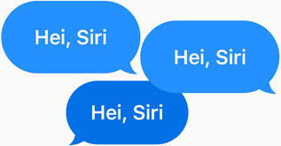Tre blå snakkebobler, alle med teksten «Hei, Siri».