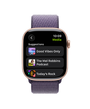 Apple Watch Series 11, rose gold colour, aluminium case, Apple Music, music and podcast suggestions, right side exterior, Digital Crown, band, purple fog Sport Loop