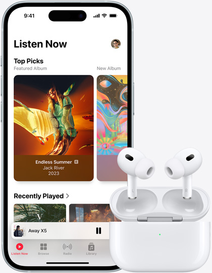 iPhone 15 playing music next to airpods