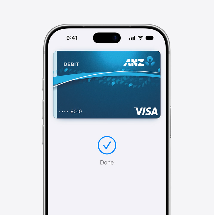 Partial iPhone screen display, showing a credit card being used in Apple Pay
