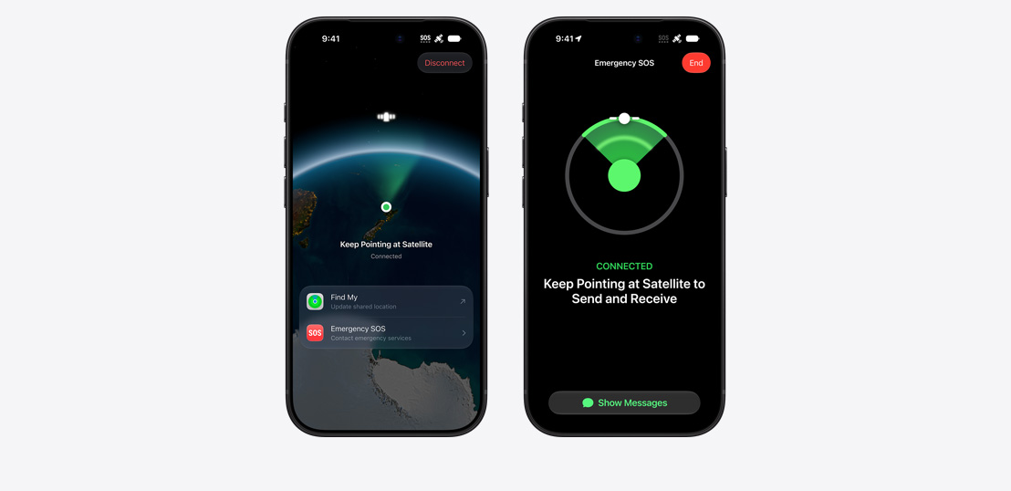 Three iPhone models side by side, display showing Messages, Find My, Roadside Assistance widgets available via Satellite, iPhone screen showing Emergency SOS in use, iPhone screen showing Roadside Assistance in use