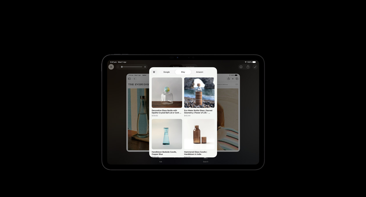 iPad Pro 11, Space Black, screen shows image of products in response to Visual Intelligence onscreen query about glass bottles, Ask or Image Search buttons displayed under images