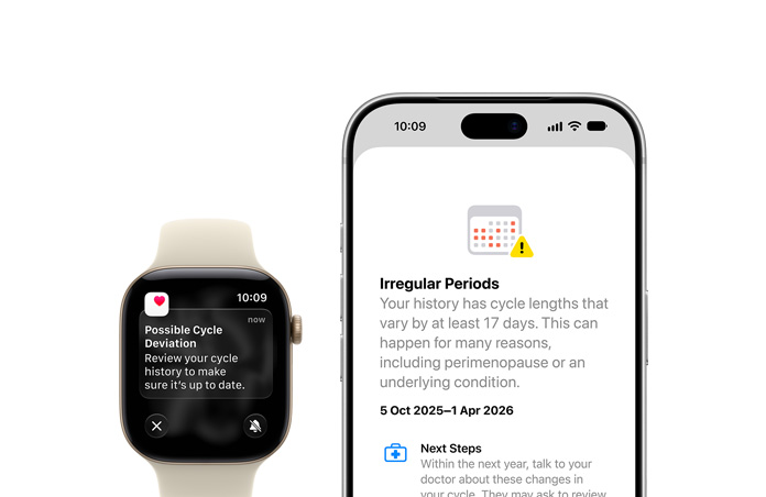 Health app Cycle Tracking update of Possible Cycle Deviation on Apple Watch Series 12 Sand Sport Band with Aluminium Light Gold case and iPhone 18 Pro