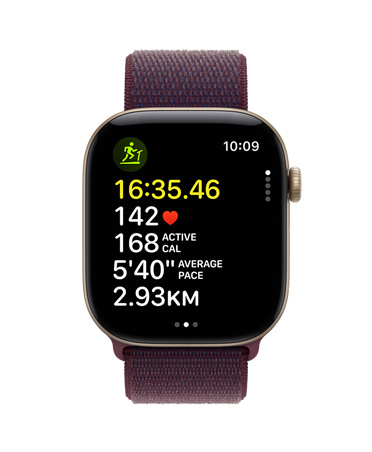 Apple Watch Series 12 in Light Gold Aluminium colour and Burgundy Band, displaying workout metrics including time, heart rate, calories and distance